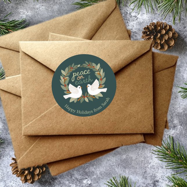 Adesivo Redondo Paz na Terra Dói Férias de Natal CLIENTES (Peace on Earth Doves Christmas Holidays CUSTOM Classic Round Sticker
)