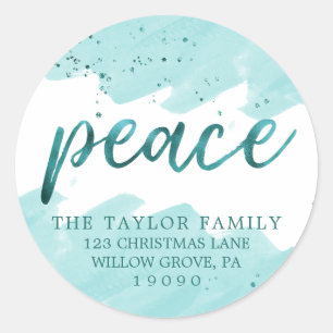 Adesivo Redondo Paz   Teal Watercolor Endereço de Natal