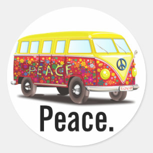 Adesivo Redondo Peace and Love Hippy Bus