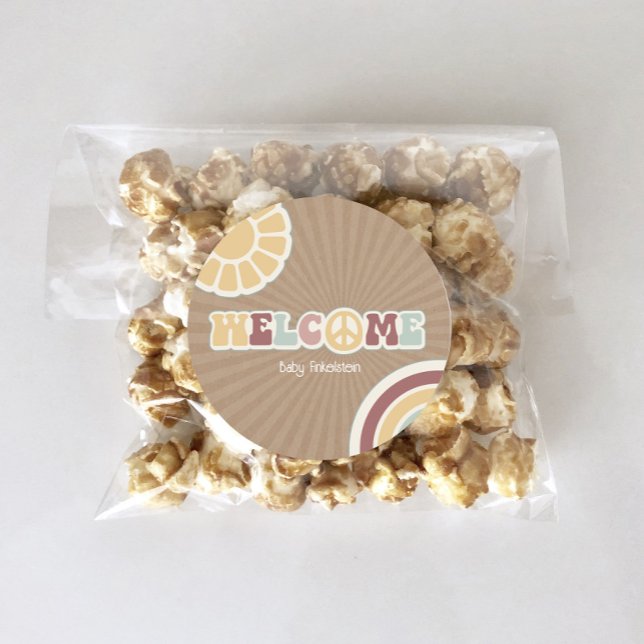 Adesivo Redondo Peace Groovy Bem-Vindo Chá de fraldas Rosa Castanh (Criador carregado)