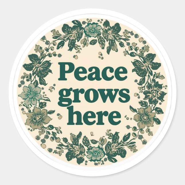 Adesivo Redondo Peace Grows Here Retro Floral Sticker (Frente)
