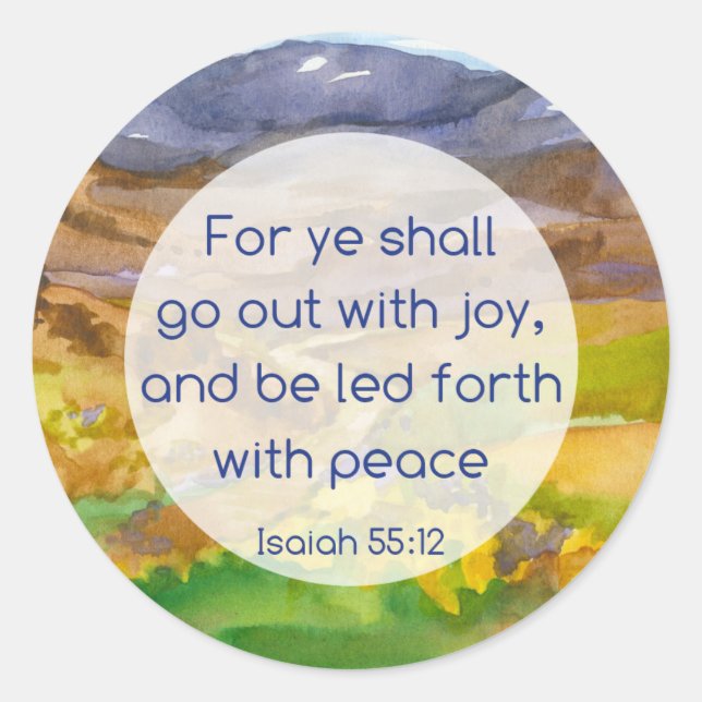 Adesivo Redondo Peace Joy Bíblia Verse Isaiah 55 12 Montanhas (Frente)