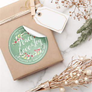 Adesivo Redondo Peace Joy & Love Endereço de Feliz ano novo de Na