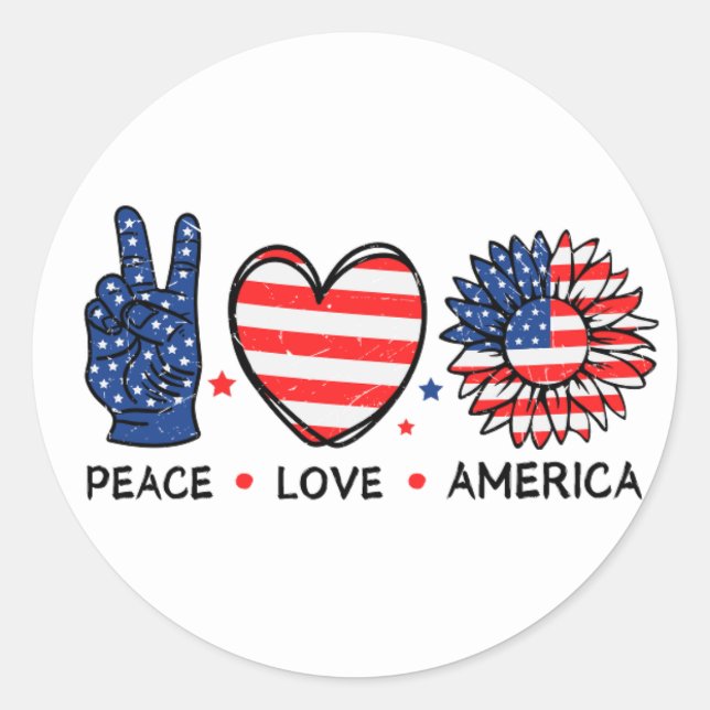 Adesivo Redondo Peace Love America Flag,4 de julho,Patriotic (Frente)