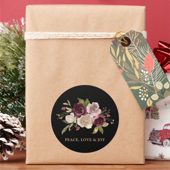 Adesivo Redondo Peace Love and Joy Winter Bouquet Black Holiday (Feriado)
