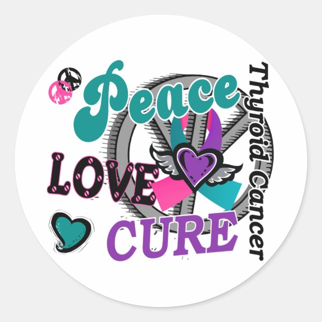 Adesivo Redondo Peace Love Cure 2 Cancer da Tiroide (Frente)