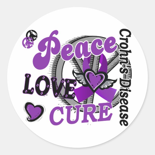 Adesivo Redondo Peace Love Cure 2 Crohn's Disease (Frente)