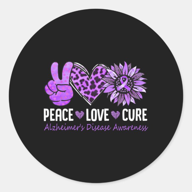Adesivo Redondo Peace Love Cure A Consciência Da Doença De Alzheim (Frente)