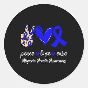 Adesivo Redondo Peace Love Cure Alopecia Areata Blue Ribbon Awaren