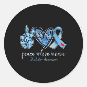 Adesivo Redondo Peace Love Cure Blue Ribbon Diabetes Mon