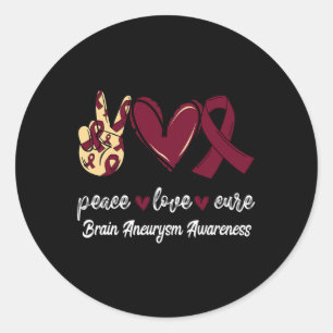Adesivo Redondo Peace Love Cure Brain Aneurysm Burgundy Ribbon Awa