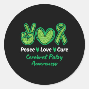 Adesivo Redondo Peace Love Cure Cerebral Palsy Awarness Cp Green