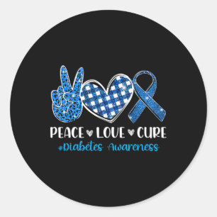 Adesivo Redondo Peace Love Cure Cinza Blue Ribbon Diabetes Awarene