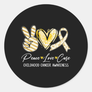 Adesivo Redondo Peace Love Cure Dourada Ribbon Chilhood Cancer Awa