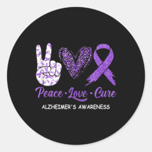 Adesivo Redondo Peace Love Cure Purple Ribbon Alzheimer