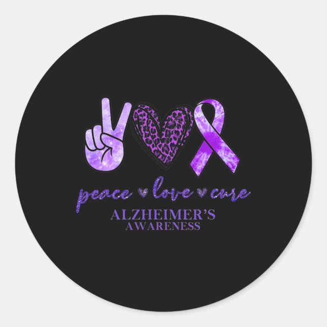 Adesivo Redondo Peace Love Cure Ribbon Lepard Alzheimer Brain Awa (Frente)