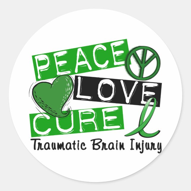 Adesivo Redondo Peace Love Cure Traumatismal cerebral TBI (Frente)