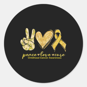 Adesivo Redondo Peace Love Cure Yellow Ribbon Chilhood Cancer Awa