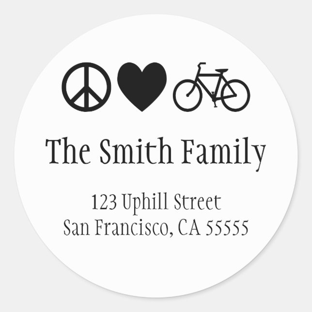 Adesivo Redondo Peace Love e Bicicletas Sticker (Frente)