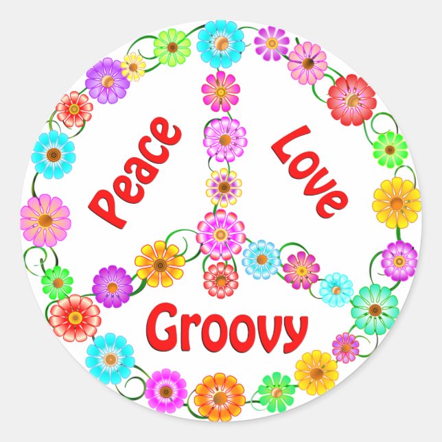 Adesivo Redondo Peace Love Groovy (Frente)