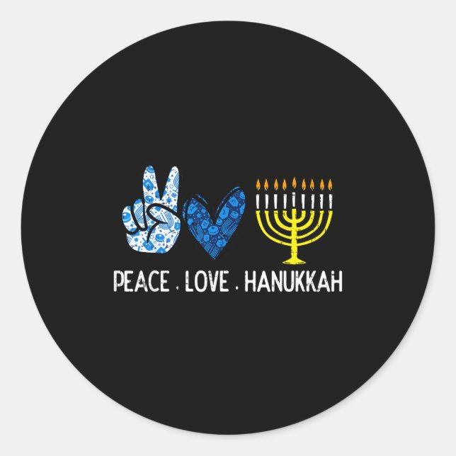 Adesivo Redondo Peace Love Hanukkah Retro Chanukah Jewish Men Wome (Frente)