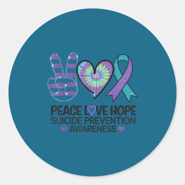 Adesivo Redondo Peace Love Hope Suicide Prevention Tie Dye Awarene (Frente)