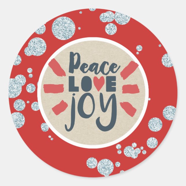 Adesivo Redondo PEACE LOVE JOY Natal Glitter Kraft Holiday (Frente)