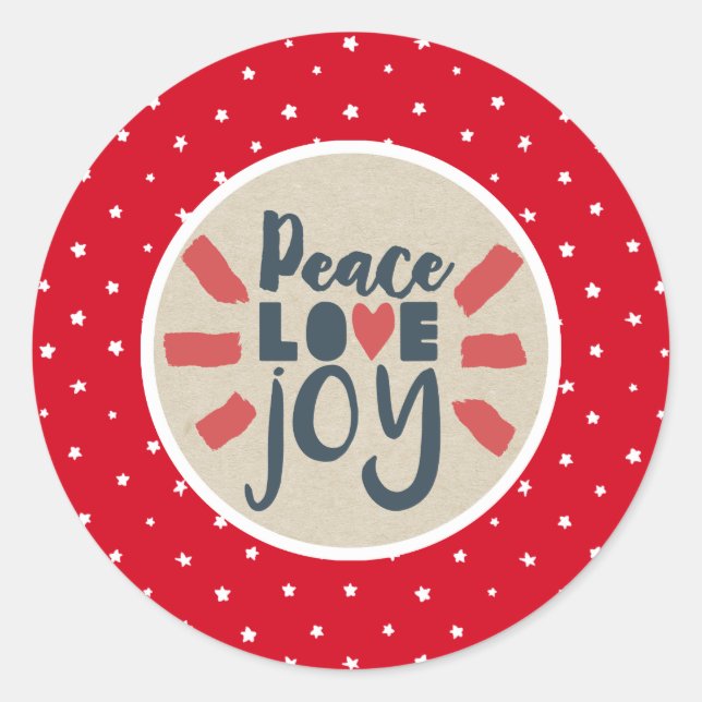 Adesivo Redondo PEACE LOVE JOY Natal Red Stars Kraft Holiday (Frente)