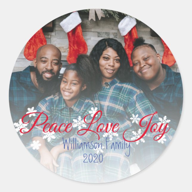 Adesivo Redondo Peace Love Joy Red Script Your Photo (Frente)
