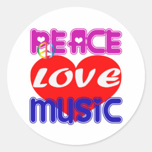 Adesivo Redondo Peace Love Music