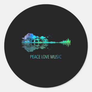 Adesivo Redondo Peace Love Music Guitar Lake Shadow Hippie Musicia