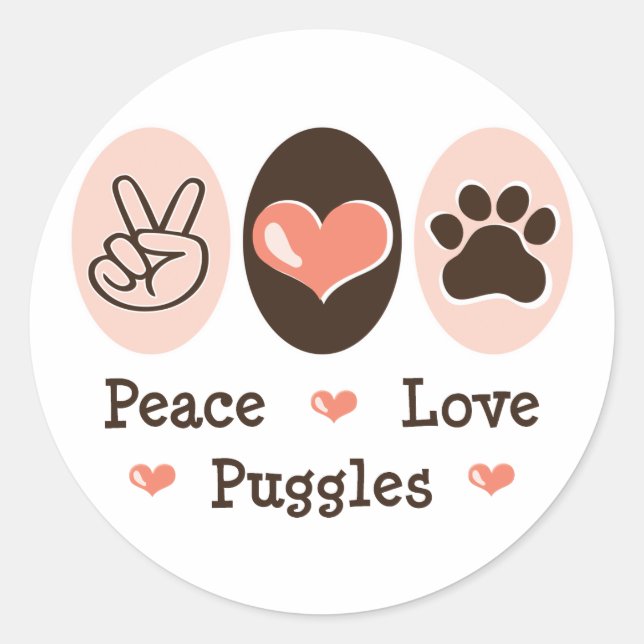 Adesivo Redondo Peace Love Puggles Stickers (Frente)