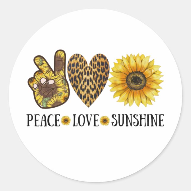 Adesivo Redondo Peace Love Sunshine, Sunflower, Flor (Frente)