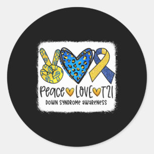 Adesivo Redondo Peace Love T21 Cure Blue Yellow Down Síndrome de A