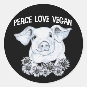 Adesivo Redondo Peace Love Vegan Pig Sticker