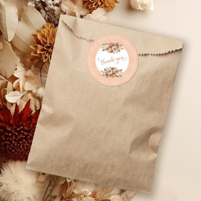 Adesivo Redondo Peach Agradeço Floral em Aquarela (Peach Watercolor Floral Thank You Classic Round Sticker)