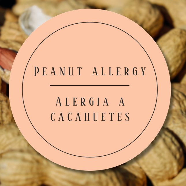 Adesivo Redondo Peach Bilingual Peanut Alergia Alerta Espanhol (Bilingual Peanut allergy warning button, Spanish text, editable. multilingual project)
