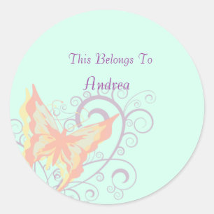 Adesivo Redondo Peach Butterfly e Purple Swirls Name Modelo