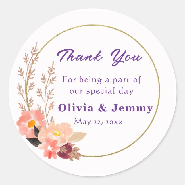Adesivo Redondo Peach Casamento Bonito Obrigado (Frente)