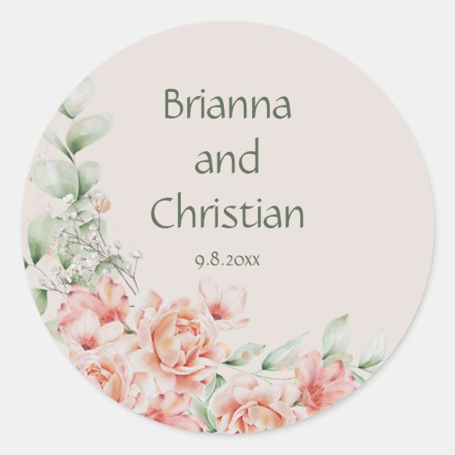 Adesivo Redondo Peach Cream e Sage Green Floral Garden (Frente)