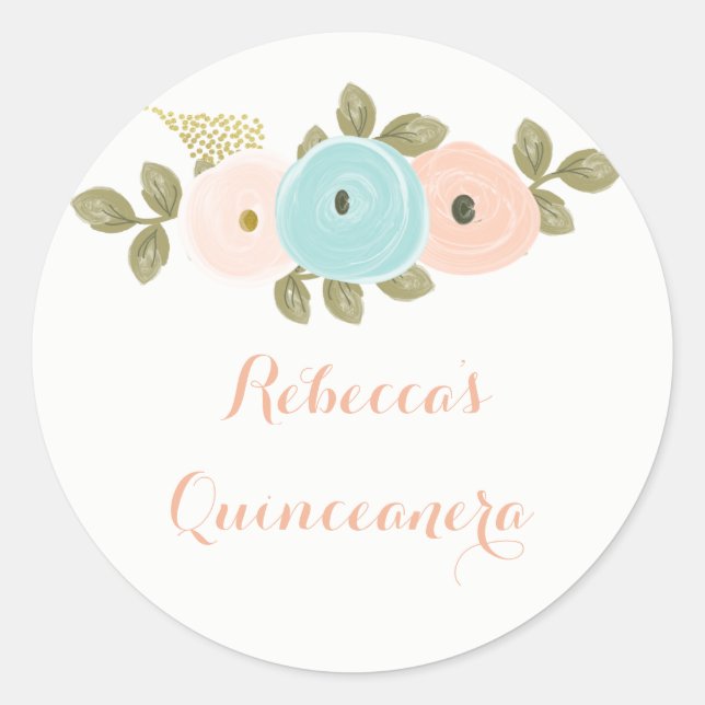 Adesivo Redondo Peach Floral Watercolor Quinceanera Sticker (Frente)