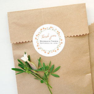 Adesivo Redondo Peach Floral Wedding Obrigado Personalizado