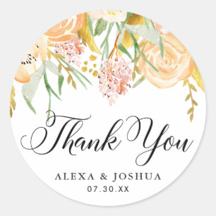 Adesivo Redondo Peach Flowers Gold Foliage Casamento Obrigado