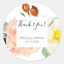 Adesivo Redondo Peach Flowers Obrigado Casamento