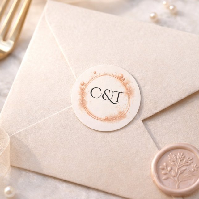 Adesivo Redondo Peach Gold Sparkle Script Monogram Wedding (Criador carregado)