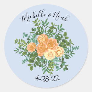 Adesivo Redondo Peach & Light Blue Peony & Rosa Floral Weding