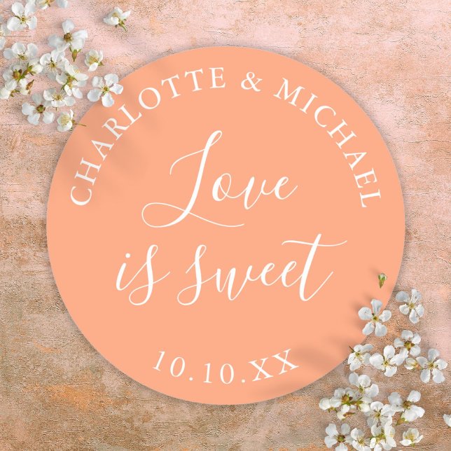 Adesivo Redondo Peach Love É Um Bonito Favor De Casamento (Peach Love Is Sweet Wedding Favor Classic Round Sticker)