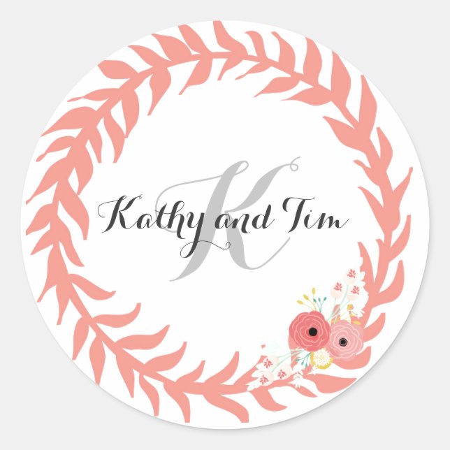 Adesivo Redondo Peach Monograma Envelope Selos e Pinheiros (Frente)