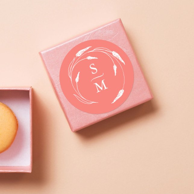 Adesivo Redondo Peach Monograma Stickers (Peach monogram wedding favor stickers unique floral line art by Victoria Grigaliunas)