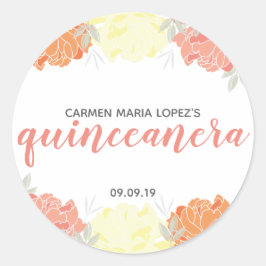 Adesivo Redondo Peach Orange & Yellow Peonies Quinceañera Birthday
